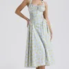 Adabella mykblå vintage blomstertrykk bomulls halterneck Sommerkjoler