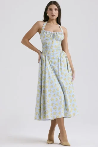 Adabella mykblå vintage blomstertrykk bomulls halterneck Sommerkjoler