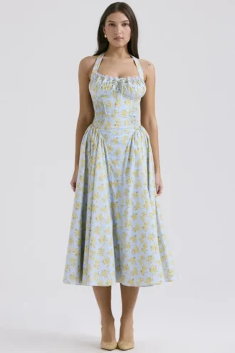 Adabella mykblå vintage blomstertrykk bomulls halterneck Sommerkjoler