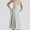 Adabella mykblå vintage blomstertrykk bomulls halterneck Sommerkjoler