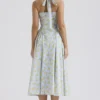 Adabella mykblå vintage blomstertrykk bomulls halterneck Sommerkjoler