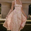 Adabella rosa midi-sommerkjol i bomull med halterneck og engblomst-print