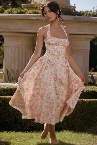 Adabella rosa midi-sommerkjol i bomull med halterneck og engblomst-print