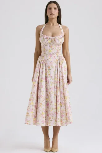 Adabella rosa midi-sommerkjol i bomull med halterneck og engblomst-print