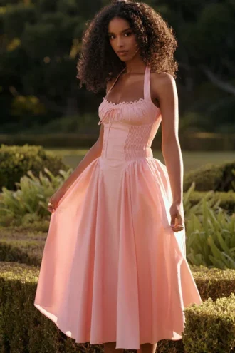 Adabella Rose rosa bomulls halterneck midilengde Sommerkjoler