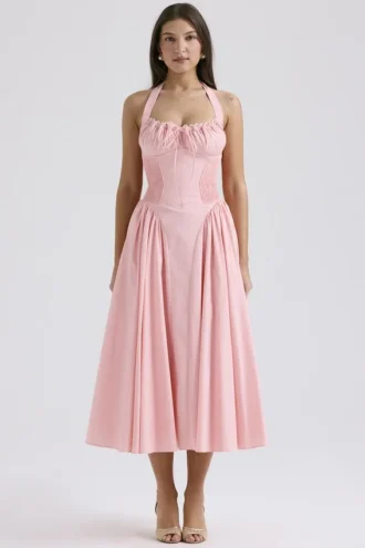 Adabella Rose rosa bomulls halterneck midilengde Sommerkjoler