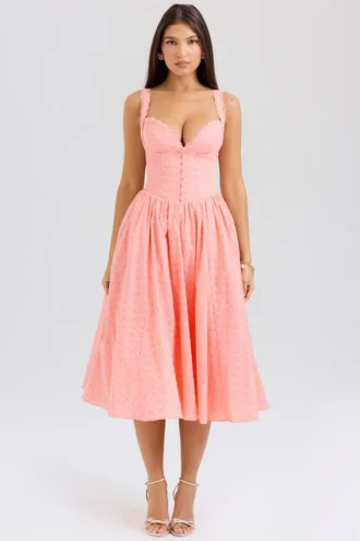 Adalyn Peach Broderie Anglais Midi Sommerkjoler
