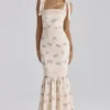 Alessina Ivory Vintage Rose Print Cotton + Lace Maxi Kjoler