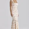 Alessina Ivory Vintage Rose Print Cotton + Lace Maxi Kjoler