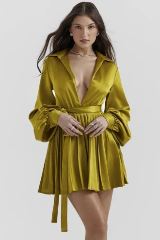 Allegra Chartreuse plissert skjortekjole