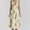 Allena Lemon Ribbon Stretch Cotton Halter Midi Sommerkjoler