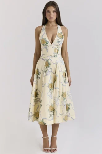 Allena Lemon Ribbon Stretch Cotton Halter Midi Sommerkjoler