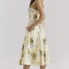 Allena Lemon Ribbon Stretch Cotton Halter Midi Sommerkjoler