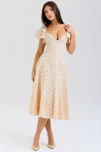 Amaya kremfarget midi-kjoler i broderie anglais