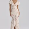 Amina elfenbensfarget maxi-te-kjol i georgette med vintage rose-mønster