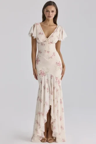 Amina elfenbensfarget maxi-te-kjol i georgette med vintage rose-mønster
