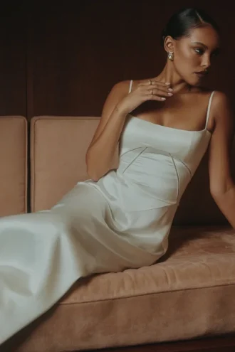 Anabella elfenbensfarget sateng-maxidress med snøring