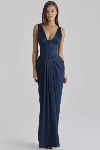Angeline Navy Satin Korsetter Maxi Kjoler