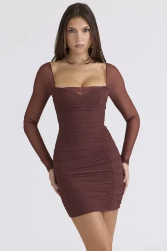 Anouk Mocha Mesh langermet minikjole