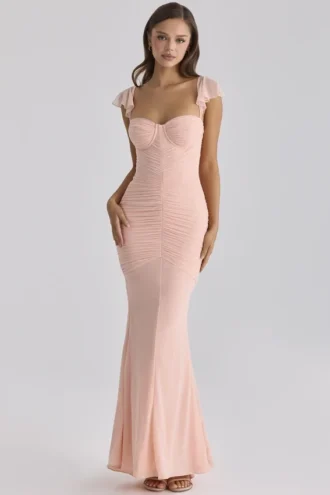 Antonella Peach Mesh Silhouette Maxi Kjoler