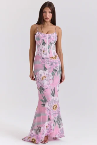 Antonina rosa blomstermønstret korsett-maxidress