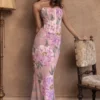 Antonina rosa blomstermønstret korsett-maxidress