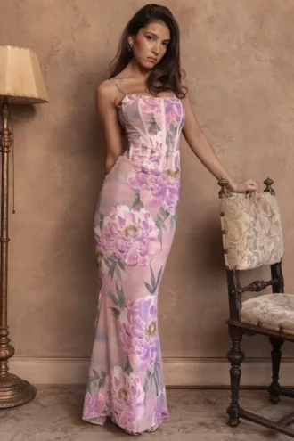 Antonina rosa blomstermønstret korsett-maxidress