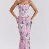 Antonina rosa blomstermønstret korsett-maxidress