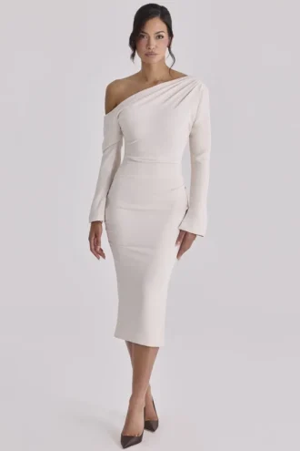 Arista Vintage Ivory Draped Crepe One Shoulder Midi Kjoler