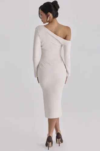 Arista Vintage Ivory Draped Crepe One Shoulder Midi Kjoler