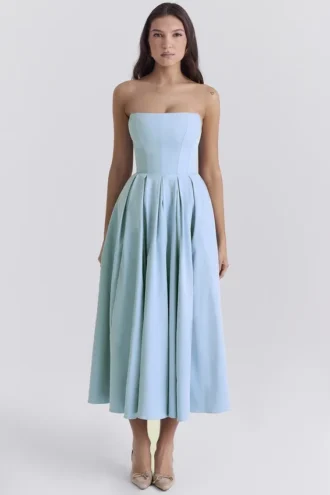 Audrey Tuscan Blue Strapless Midi Sommerkjoler