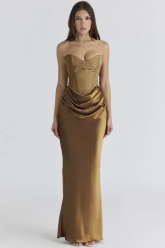 Aurelia bronsebrokade satenkorsetter-maxidress