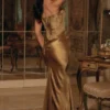 Aurelia bronsebrokade satenkorsetter-maxidress