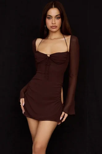 Baby Chocolate Chiffon Cutout Halter Mini Kjoler