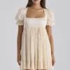 Bambi Ivory Satin + Broderie Anglaise Lace Regency Babydoll Mini Kjoler