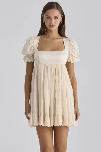 Bambi Ivory Satin + Broderie Anglaise Lace Regency Babydoll Mini Kjoler