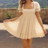 Bambi Ivory Satin + Broderie Anglaise Lace Regency Babydoll Mini Kjoler