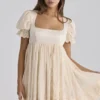 Bambi Ivory Satin + Broderie Anglaise Lace Regency Babydoll Mini Kjoler