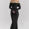 Belle svart off-shoulder maxi-kjol i blomstermønstret blonder