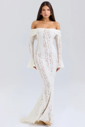 Belle Vintage kremfarget blomstermønstret off-shoulder maxi-kjole