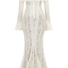 Belle Vintage kremfarget blomstermønstret off-shoulder maxi-kjole