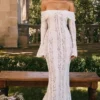 Belle Vintage kremfarget blomstermønstret off-shoulder maxi-kjole