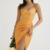 Bianca Tangerine Satin Plissert Korsetter Midi-kjoler