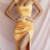 Bianca Tangerine Satin Plissert Korsetter Midi-kjoler