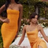 Bianca Tangerine Satin Plissert Korsetter Midi-kjoler