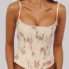 Cadie Ivory Vintage Rose Print Cotton Korsetter Top