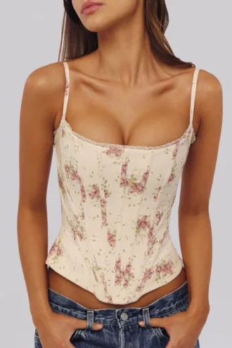 Cadie Ivory Vintage Rose Print Cotton Korsetter Top