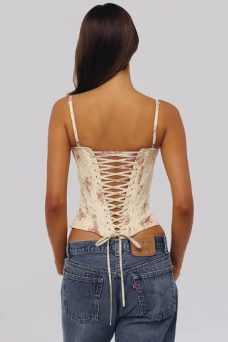 Cadie Ivory Vintage Rose Print Cotton Korsetter Top