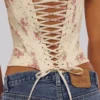 Cadie Ivory Vintage Rose Print Cotton Korsetter Top