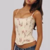 Cadie Ivory Vintage Rose Print Cotton Korsetter Top